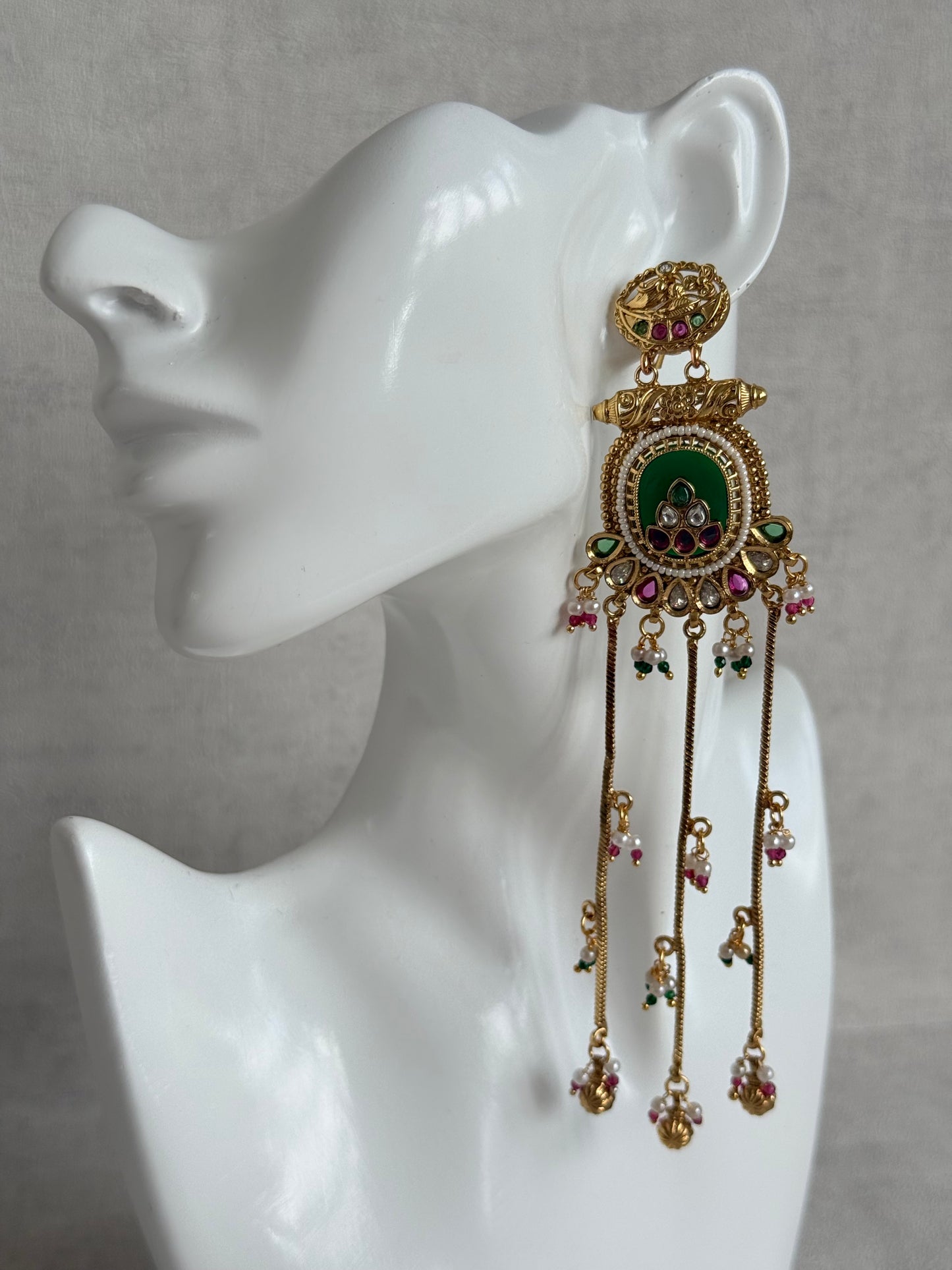 Ayura Designs Kaveri Earrings – Gold Long Chain Drop Earrings with Kundan, Pearls & Ghungroo Detailing – Emerald Green