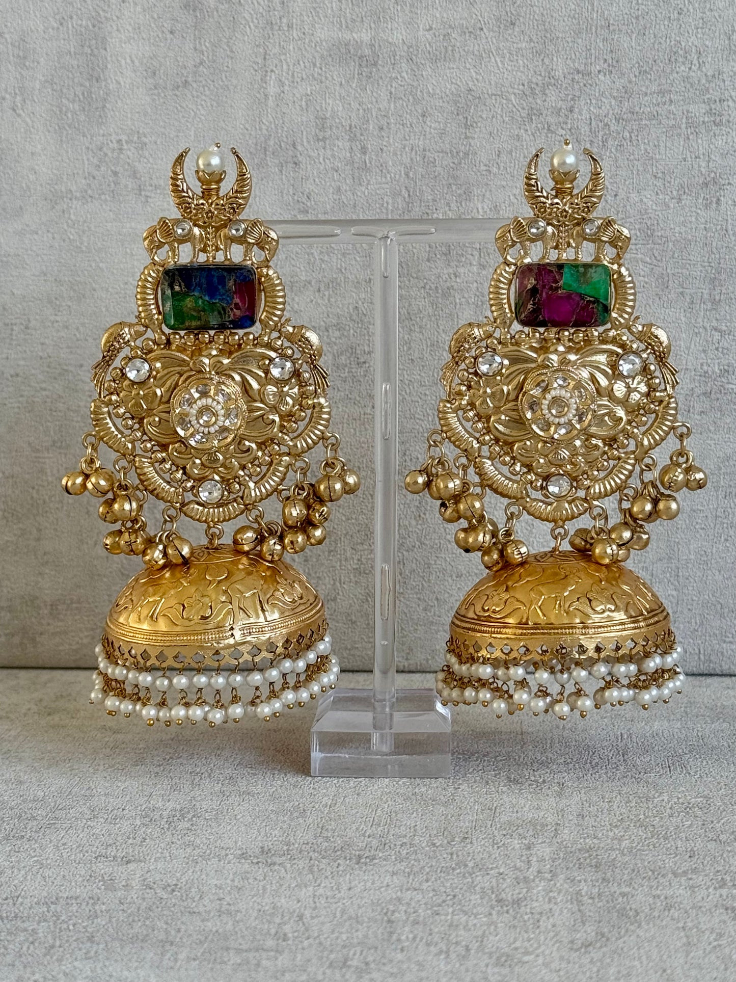 Ayura Designs Adeeba Earrings – Antique Gold Temple Jhumkas with Multicolour Stone Accent & Pearl Drops