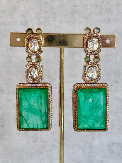 Ayura Designs Clara Set with Earrings & Tikka — Jade Green Moissanite Stones and Antique Gold Finish