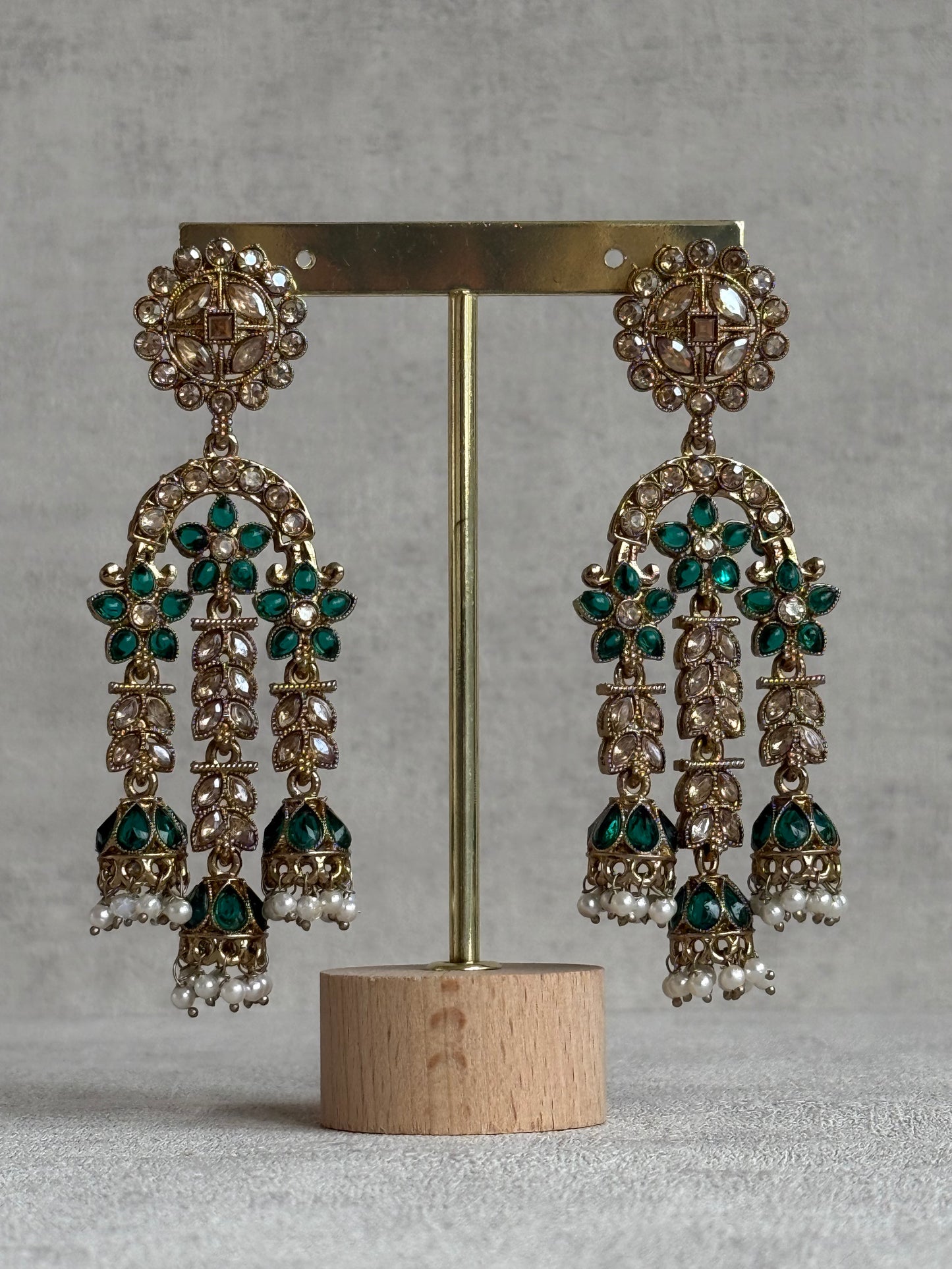 Ayura Designs Soraya Earrings – Emerald Green Stones, Champagne Crystals, Pearl Detailing & Gold Finish