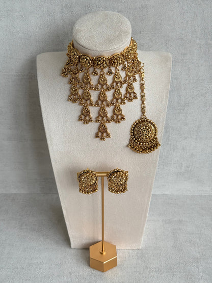 Ayura Designs Kimaya Choker Set with Earrings & Tikka – Gold Floral Waterfall Choker with Ghungroo Drops