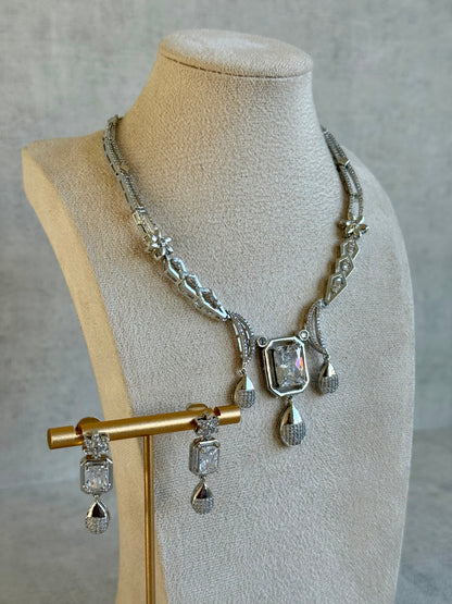 Ayura Designs Estrella Set with Necklace & Earrings – Silver Finish, Moissanite-Inspired Stones and Teardrop Charms