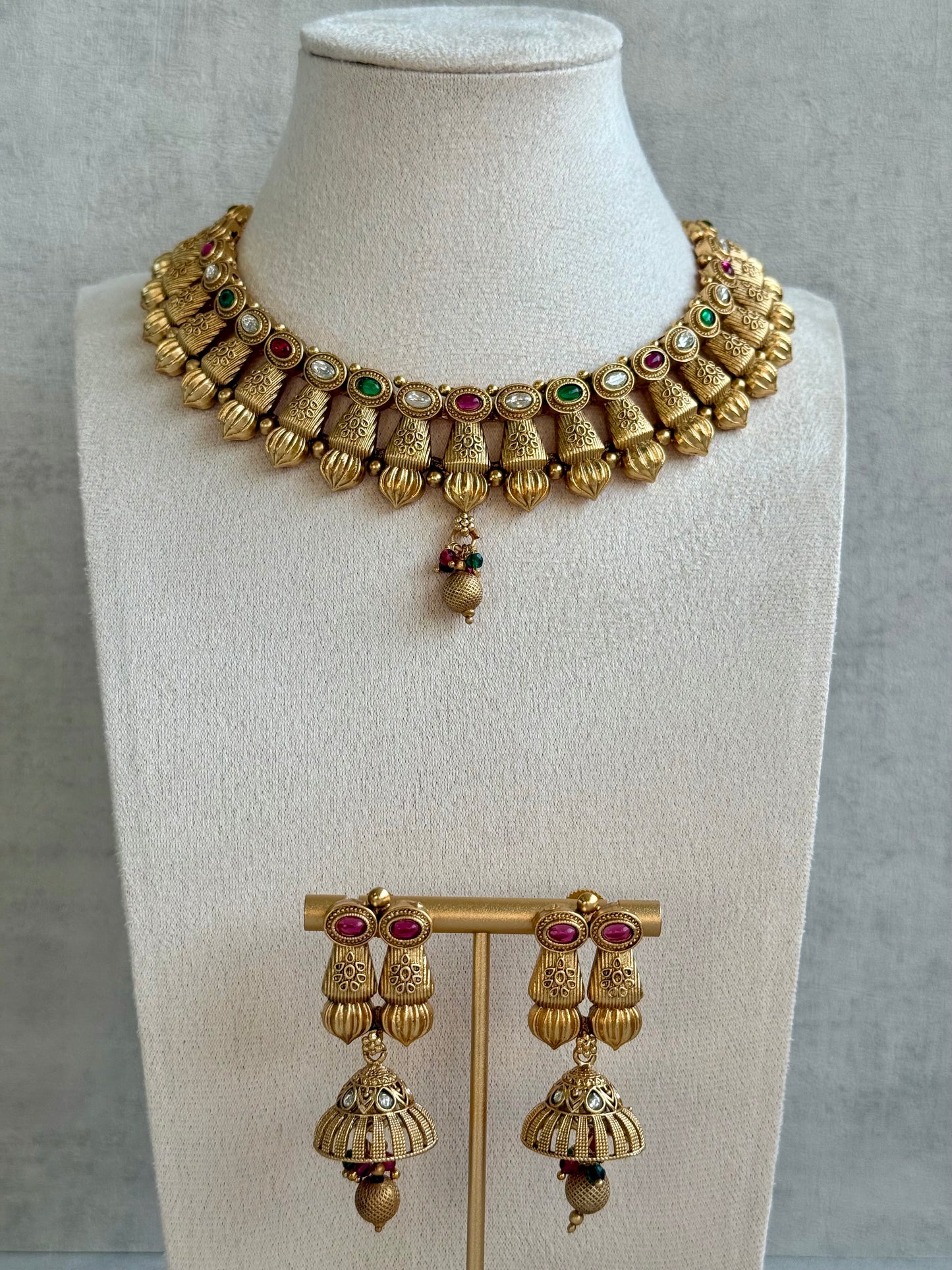 Ayura Designs Aima Necklace Set with Earrings – Antique Gold with Rani Pink & Emerald Green Stones