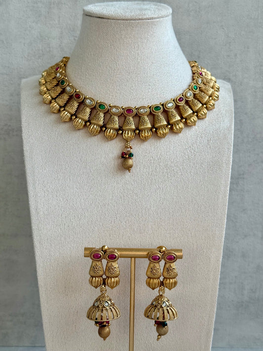 Ayura Designs Aima Necklace Set with Earrings – Antique Gold with Rani Pink & Emerald Green Stones
