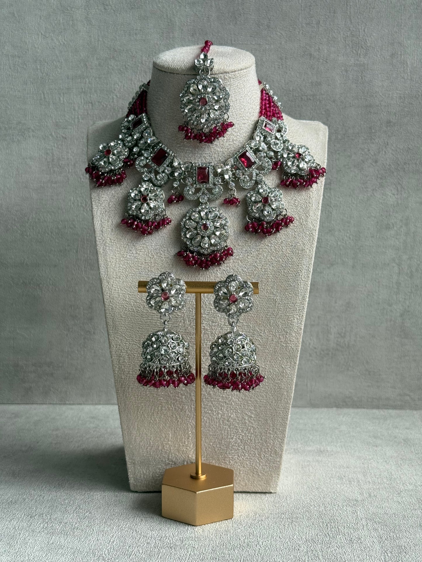 Ayura Designs Zarghuna Set with Jhumkis & Tikka – Fuchsia Beads, Mirror-Cut Stones & Silver Finish
