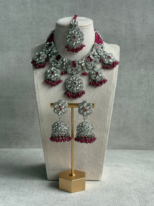 Ayura Designs Zarghuna Set with Jhumkis & Tikka – Fuchsia Beads, Mirror-Cut Stones & Silver Finish