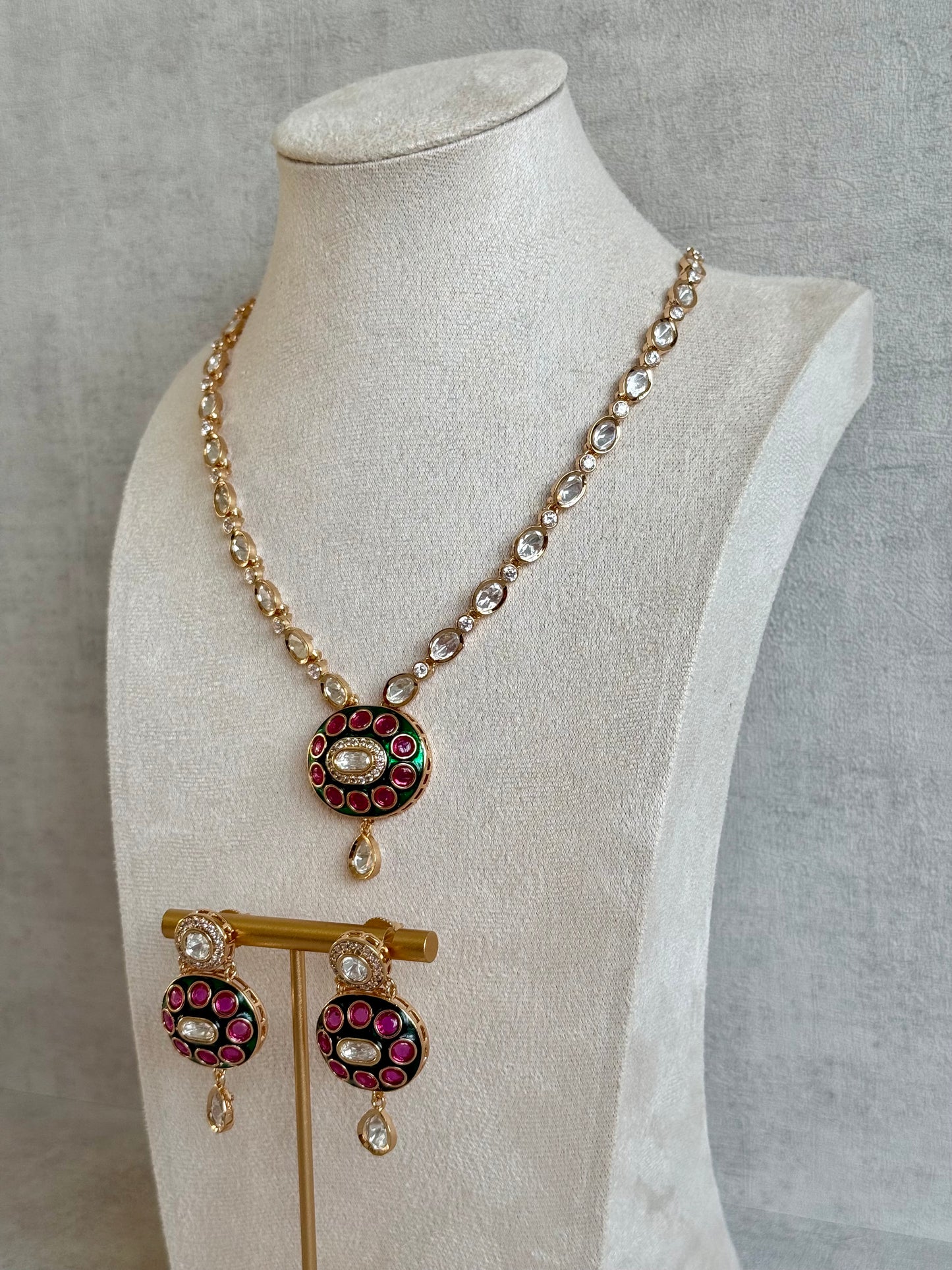 Ayura Designs Jiya Set with Earrings – Oval Motif, Pink & Green Meenakari with Crystal Detailing