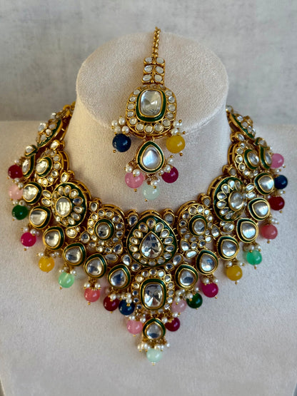 Ayura Designs Jashan Set with Necklace, Earrings, Tikka & Passa – Kundan Detailing, Pearl Drops & Multicolour Beads