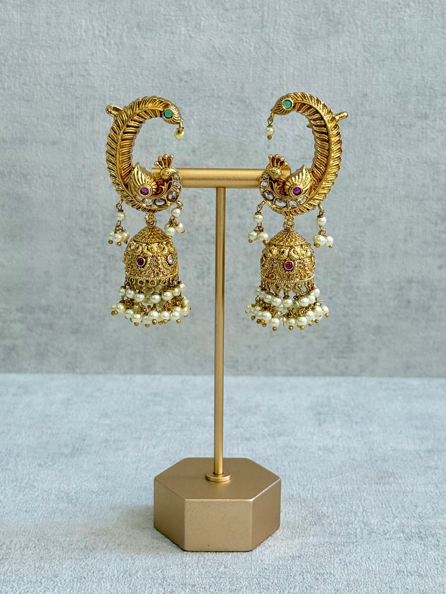 Ayura Designs Mythili Jhumkis – Half Ear Cuffs in Antique Gold with Peacock Design, Pink & Emerald Green Stones and Pearl Drops