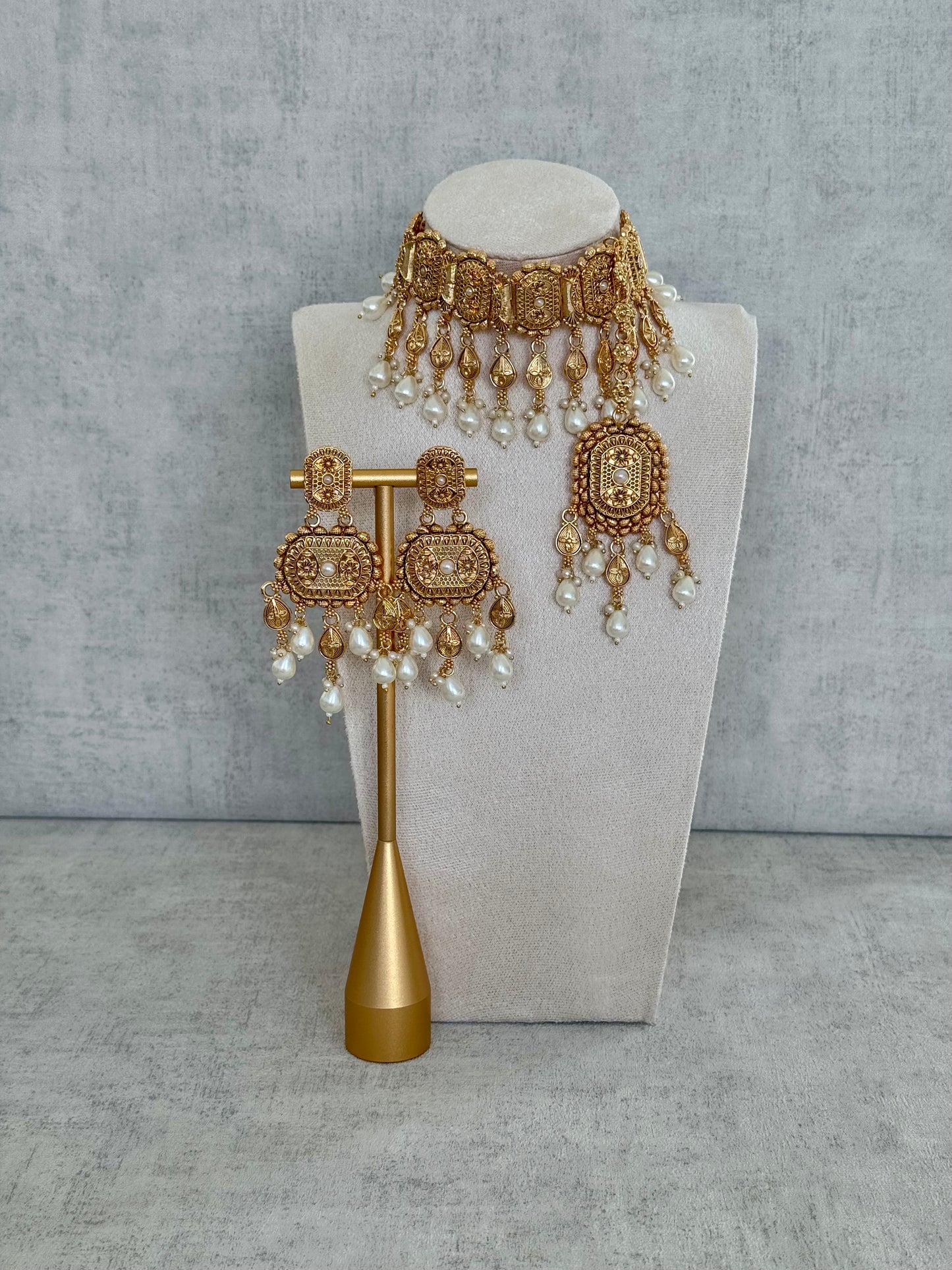 Ayura Designs Elahi Antique Gold-Plated Choker Set with Earrings & Tikka, Adorned with Pearl Drops