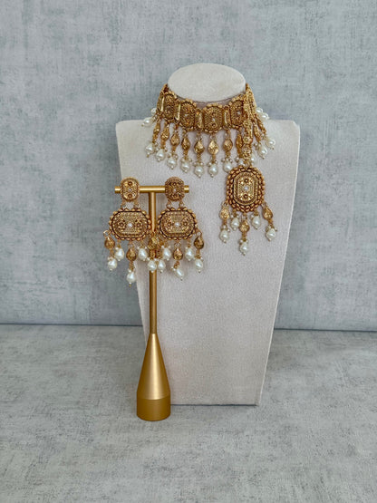 Ayura Designs Elahi Antique Gold-Plated Choker Set with Earrings & Tikka, Adorned with Pearl Drops