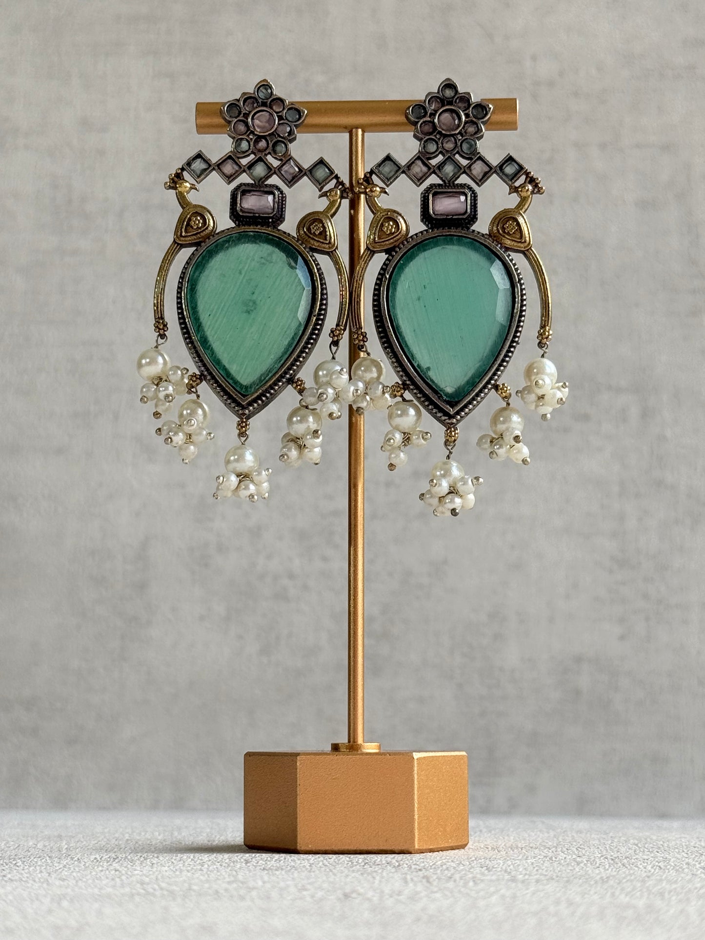 Ayura Designs Kafila Earrings – Dual Tone Oxidised Earrings with Peacock Motifs, Mint Green & Blush Pink Stones