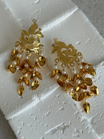 Ayura Designs Patari Earrings – Gold Peacock Pipal Patti Pearl Drop Earrings