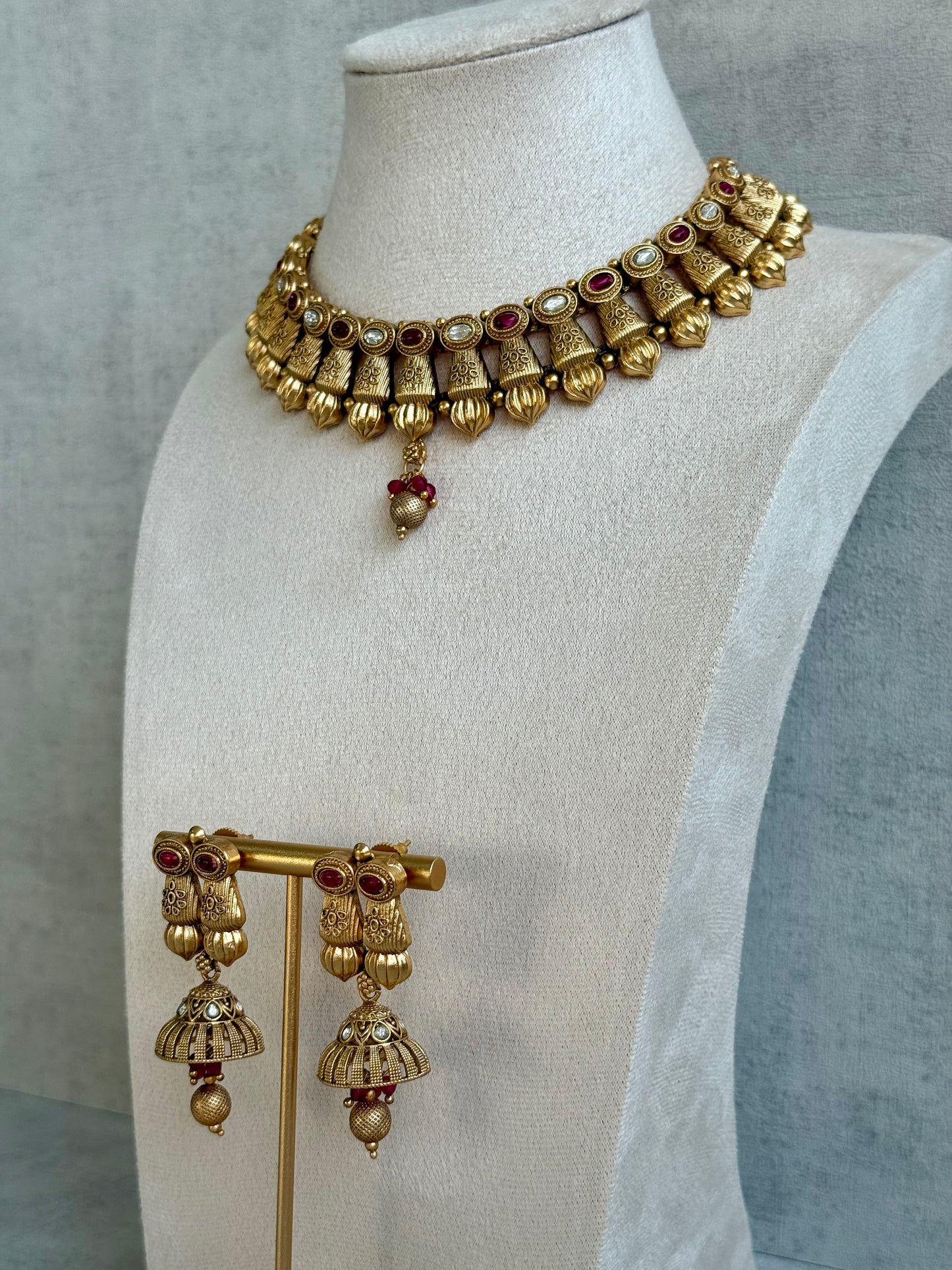 Ayura Designs Aima Necklace Set with Earrings – Antique Gold with Rani Pink Stones