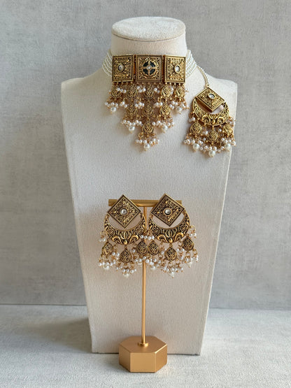 Ayura Designs Samera Choker Set with Earrings & Tikka – Ivory Beads, Pearl Detailing, Green Centre Stone, Floral Motifs & Antique Gold Finish