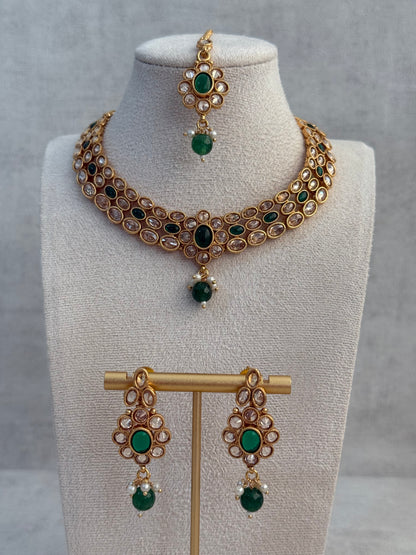 Ayura Designs Biju Set with Necklace, Earrings & Tikka – Emerald Green & Ivory Pearls, Mirror-Cut Stones, Antique Gold Finish