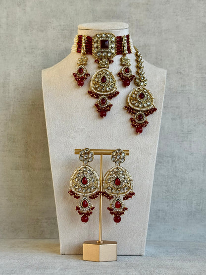 Ayura Designs Zarmeen Choker Set with Earrings & Tikka – Mirror-Cut Stones, Antique Gold Finish and Ruby Red Beads