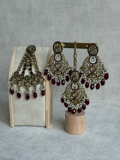 Ayura Designs Almas Tikka Set with Earrings, Tikka & Sahara – Deep Maroon Beads & Antique Gold Finish