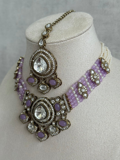 Ayura Designs Rahi Necklace Set with Earrings & Tikka – Lilac Stones with Mirror-Cut Detailing & Pearl Strands
