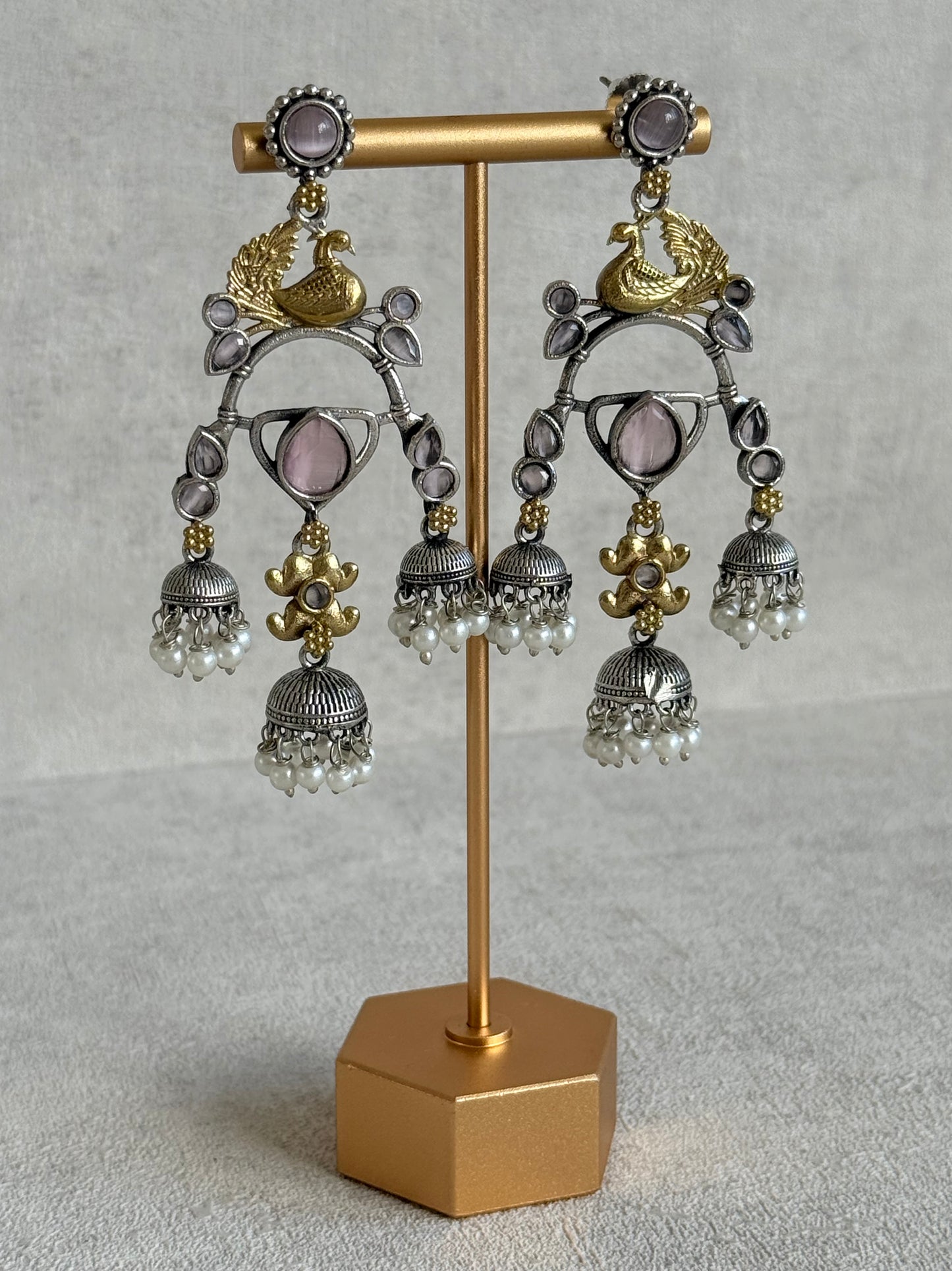 Ayura Designs Mehrza Earrings – Oxidised Peacock Motif Statement Earrings with Pearl Jhumkis & Blush Pink Stones