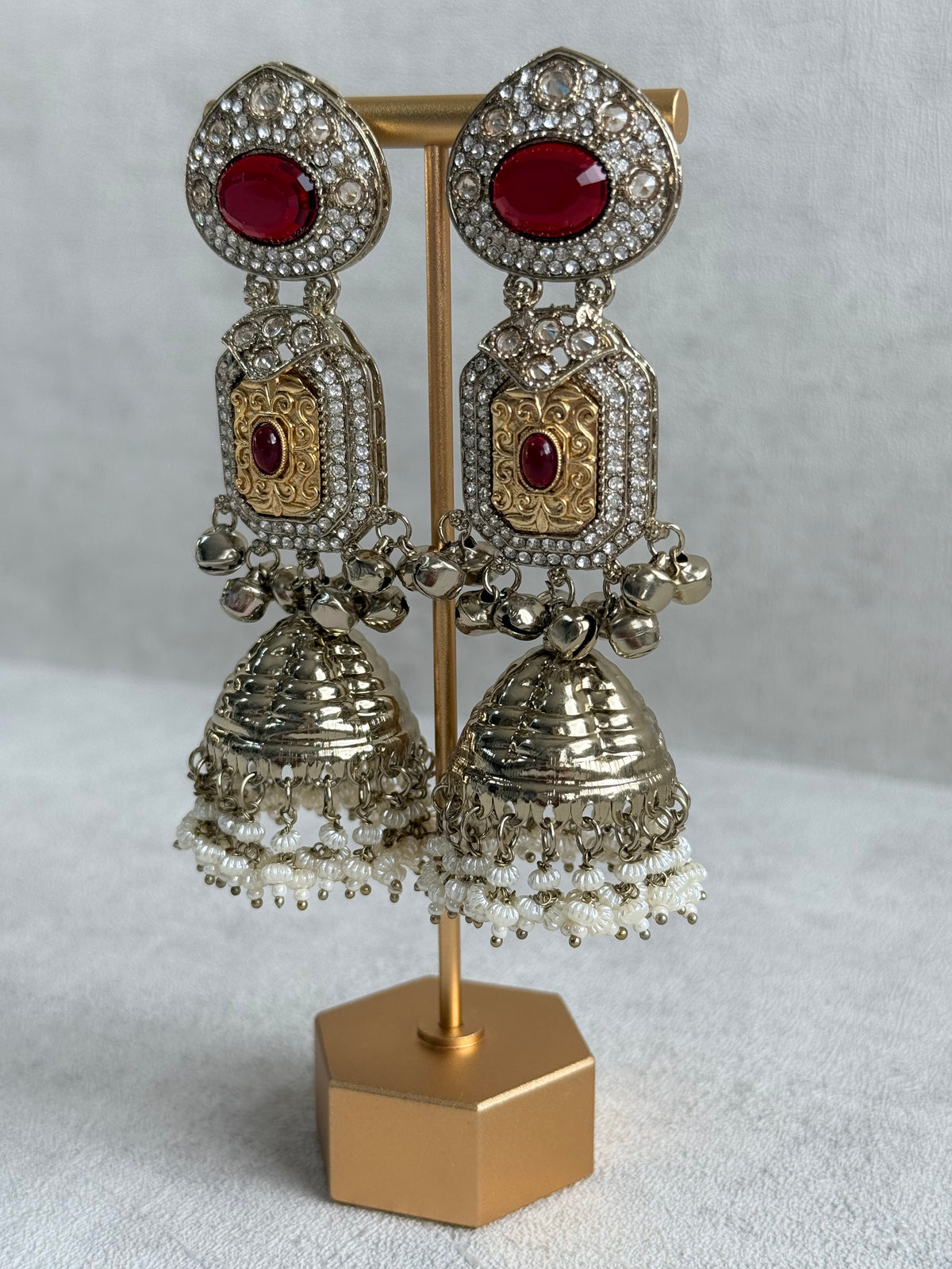 Ayura Designs Maara Jhumkis – Champagne Gold with Ruby Red Stones, Crystals, Ghungroos & Pearl Detailing