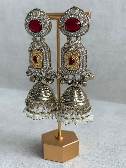 Ayura Designs Maara Jhumkis – Champagne Gold with Ruby Red Stones, Crystals, Ghungroos & Pearl Detailing