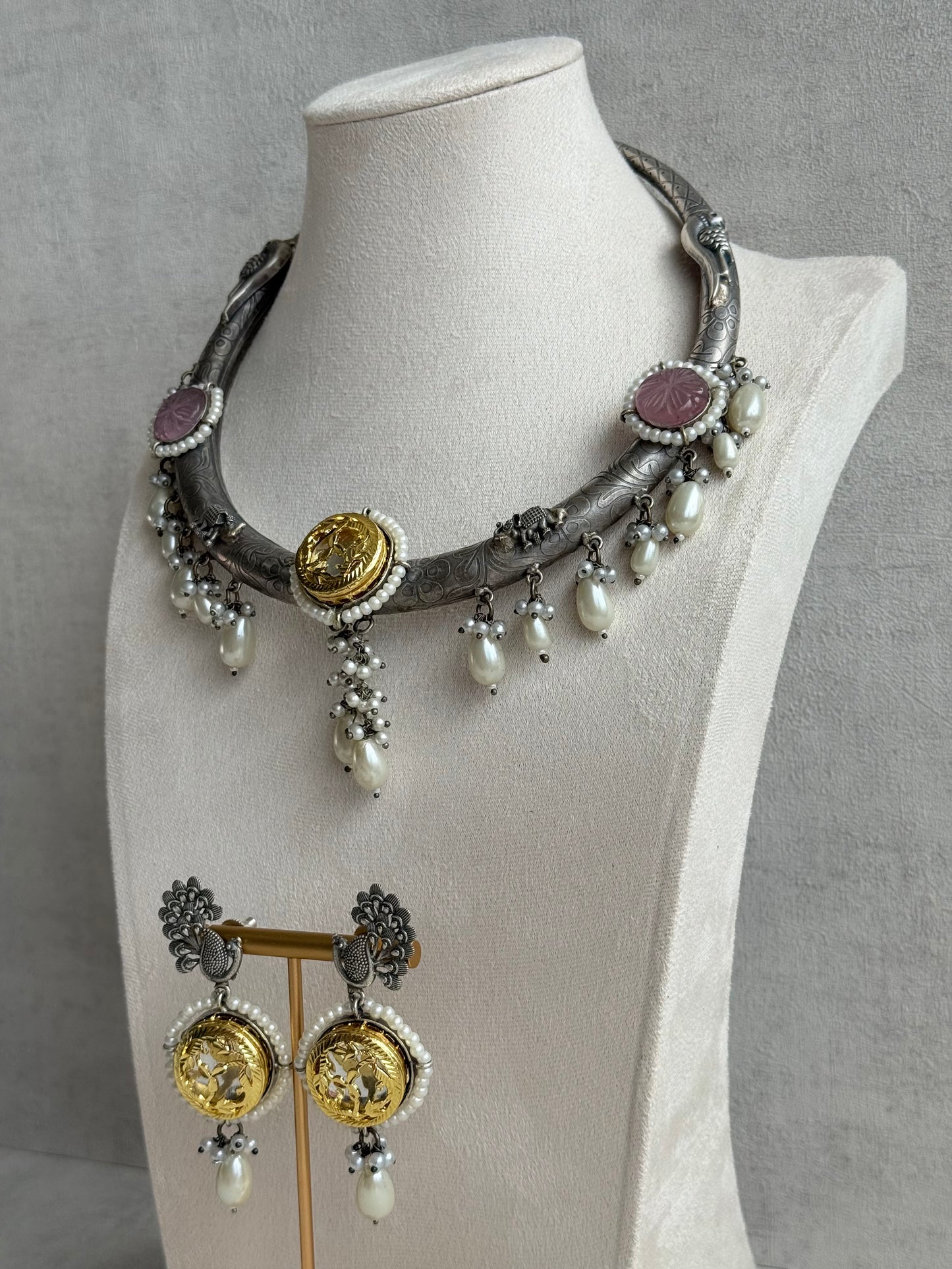 Ayura Designs Zareen Torque Necklace Set with Earrings – Dual Tone Oxidised Collar Necklace with Coin Detailing, Pearl Drops & Peacock Motifs