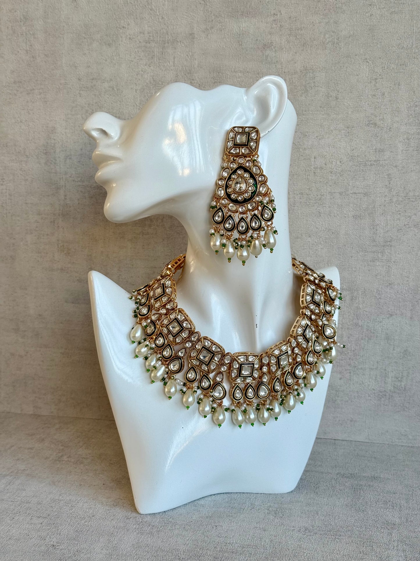 Ayura Designs Ishrat Set with Necklace, Earrings & Tikka – Kundan Detailing & Ivory Pearl Drops