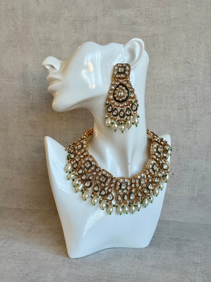 Ayura Designs Ishrat Set with Necklace, Earrings & Tikka – Kundan Detailing & Ivory Pearl Drops