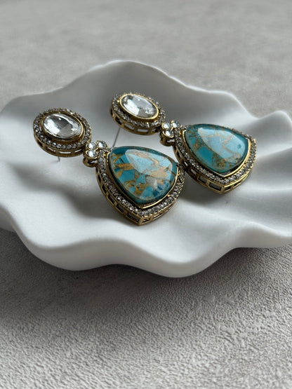 Ayura Designs Florence Earrings – Mirror Cut Studs with Turquoise Marble Resin & Crystal Borders