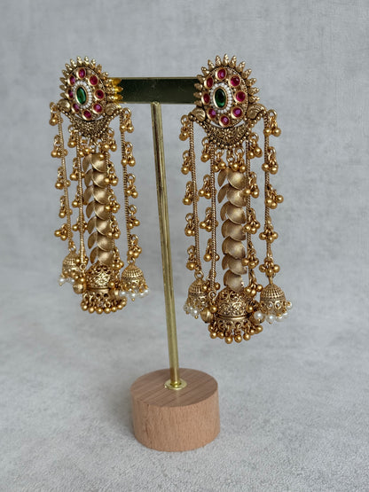 Ayura Designs Ishya Jhumkis – Gold Ghungroo Chain Earrings with Ruby Pink & Green Kundan