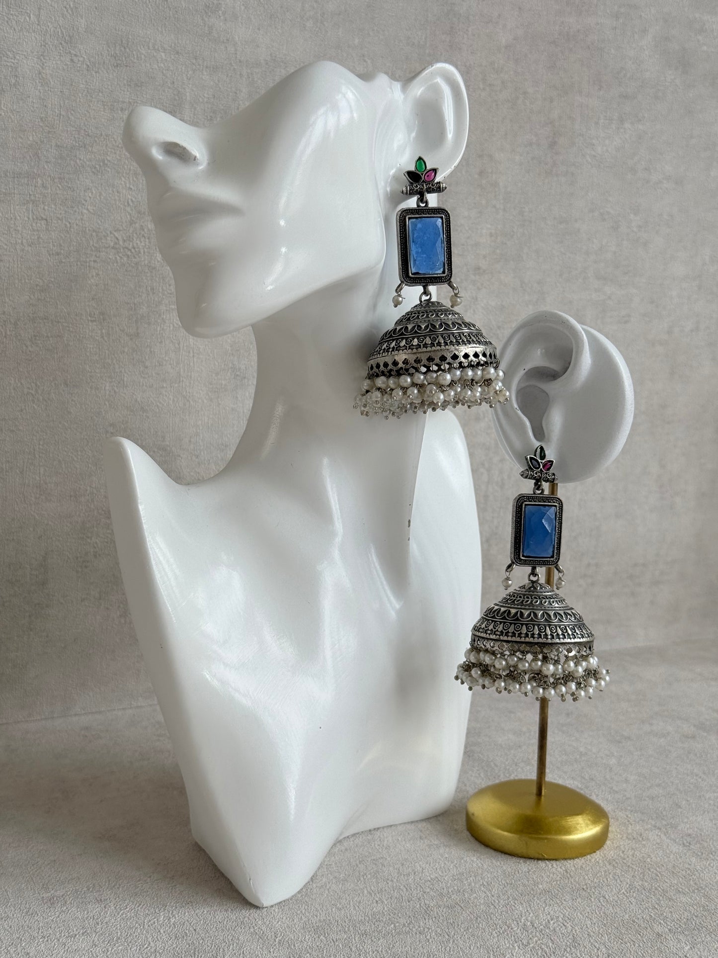 Ayura Designs Zeba Earrings – Oxidised Statement Jhumkis in Ink Blue & Multicolour Stones with Pearl Detailing