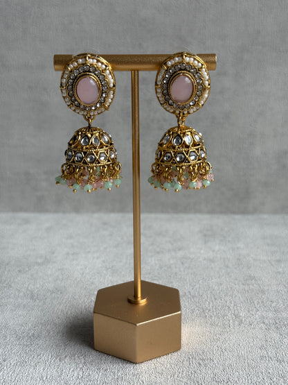 Ayura Designs Muskaan Set – Choker, Jhumkis & Tikka with Blush Pink & Mint Beads, Kundan Stones & Antique Gold Finish