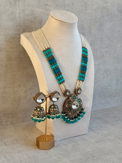 Ayura Designs Brielle Set – Necklace & Jhumkis with Mirror-Cut Stones, Aqua & Deep Teal Beads
