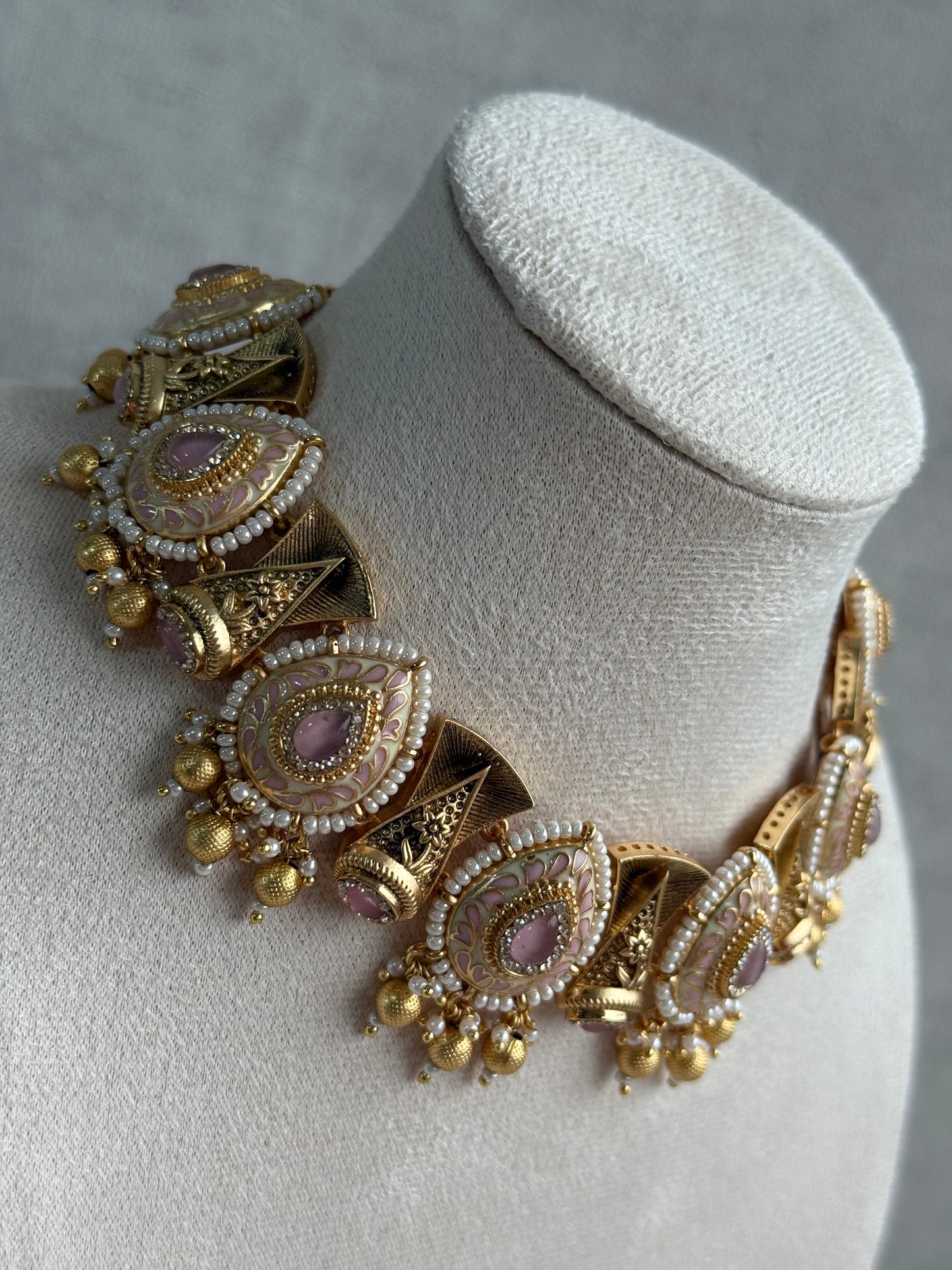 Ayura Designs Aaira Set with Necklace & Studs – Blush Pink Meenakari with Rose Pink Centre & Pearl Detailing