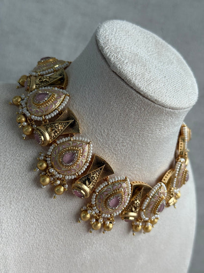 Ayura Designs Aaira Set with Necklace & Studs – Blush Pink Meenakari with Rose Pink Centre & Pearl Detailing