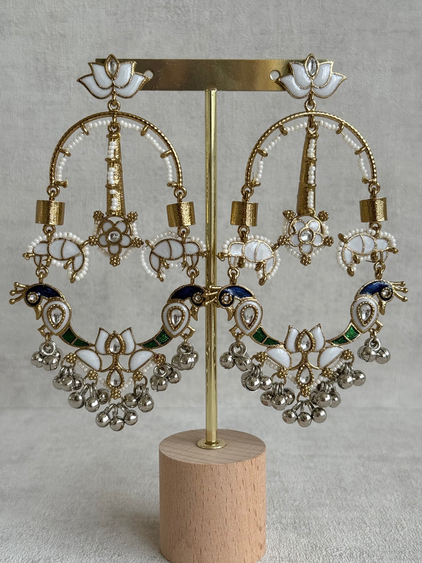 Ayura Designs Zoonpari Earrings – Ivory Pearl, Blue & Green Meenakari Peacock Chandeliers in Dual Tone with Ghungroos