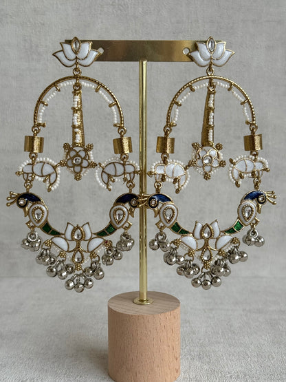 Ayura Designs Zoonpari Earrings – Ivory Pearl, Blue & Green Meenakari Peacock Chandeliers in Dual Tone with Ghungroos
