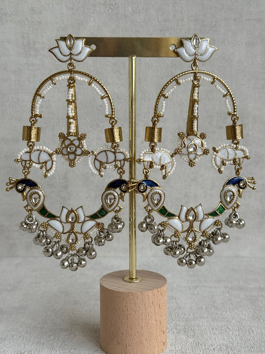 Ayura Designs Zoonpari Earrings – Ivory Pearl, Blue & Green Meenakari Peacock Chandeliers in Dual Tone with Ghungroos