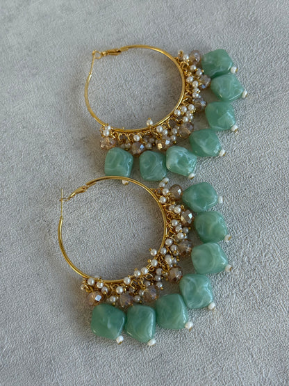 Ayura Designs Heer Balis – Gold Hoops with Mint Marble Beads, Pearls & Crystal Detailing