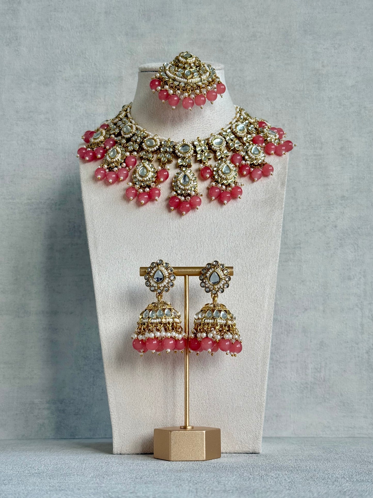 Ayura Designs Iyla Set with Necklace, Earrings & Tikka – Kundan Detailing, Ivory Pearl Drops & Peach Beads