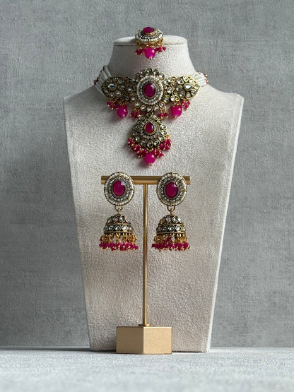 Ayura Designs Muskaan Set – Choker, Jhumkis & Tikka with Hot Pink Beads, Kundan Stones & Antique Gold Finish