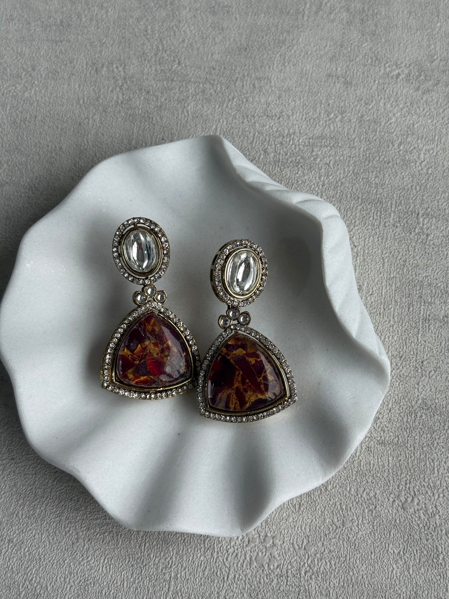Ayura Designs Florence Earrings – mirror cut studs with Burnt Crimson Marble Resin & Crystal Borders