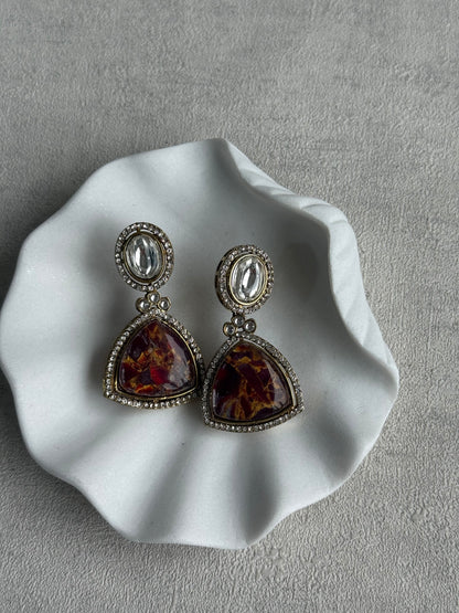 Ayura Designs Florence Earrings – mirror cut studs with Burnt Crimson Marble Resin & Crystal Borders