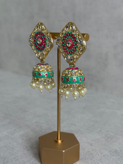 Ayura Designs Rangoli Jhumkis – Mint Green & Hot Pink Meenakari with Pearl Drops in Antique Gold Finish