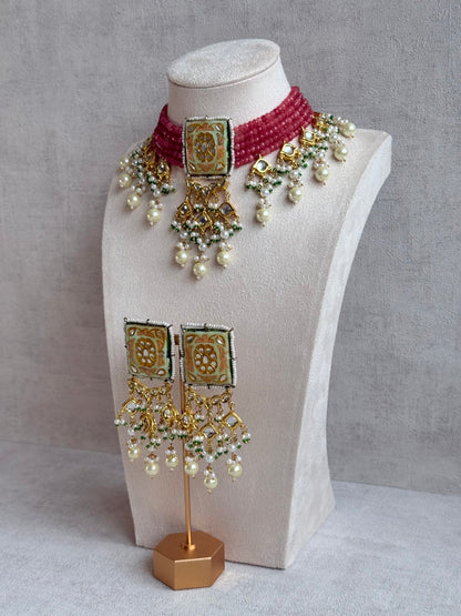 Ayura Designs Sabeera Meenakari Kundan Choker Set with Earrings – Blush Pink Beads & Pearl Detailing