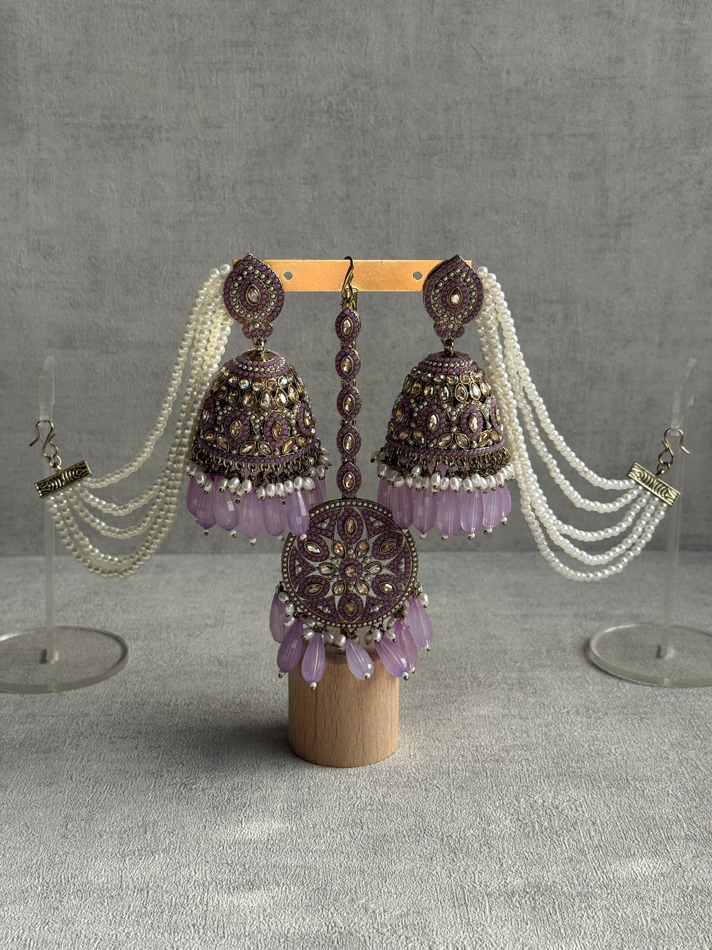 Ayura Designs Amrita Set – Jhumkis with Sahare & Tikka in Soft Lilac Beads, Pearls and Antique Gold Finish
