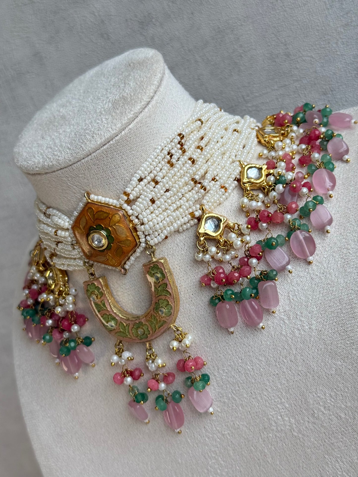 Ayura Designs Elizaar Meenakari Kundan Choker Set with Earrings – Blush Pink & Emerald Green Bead Detailing