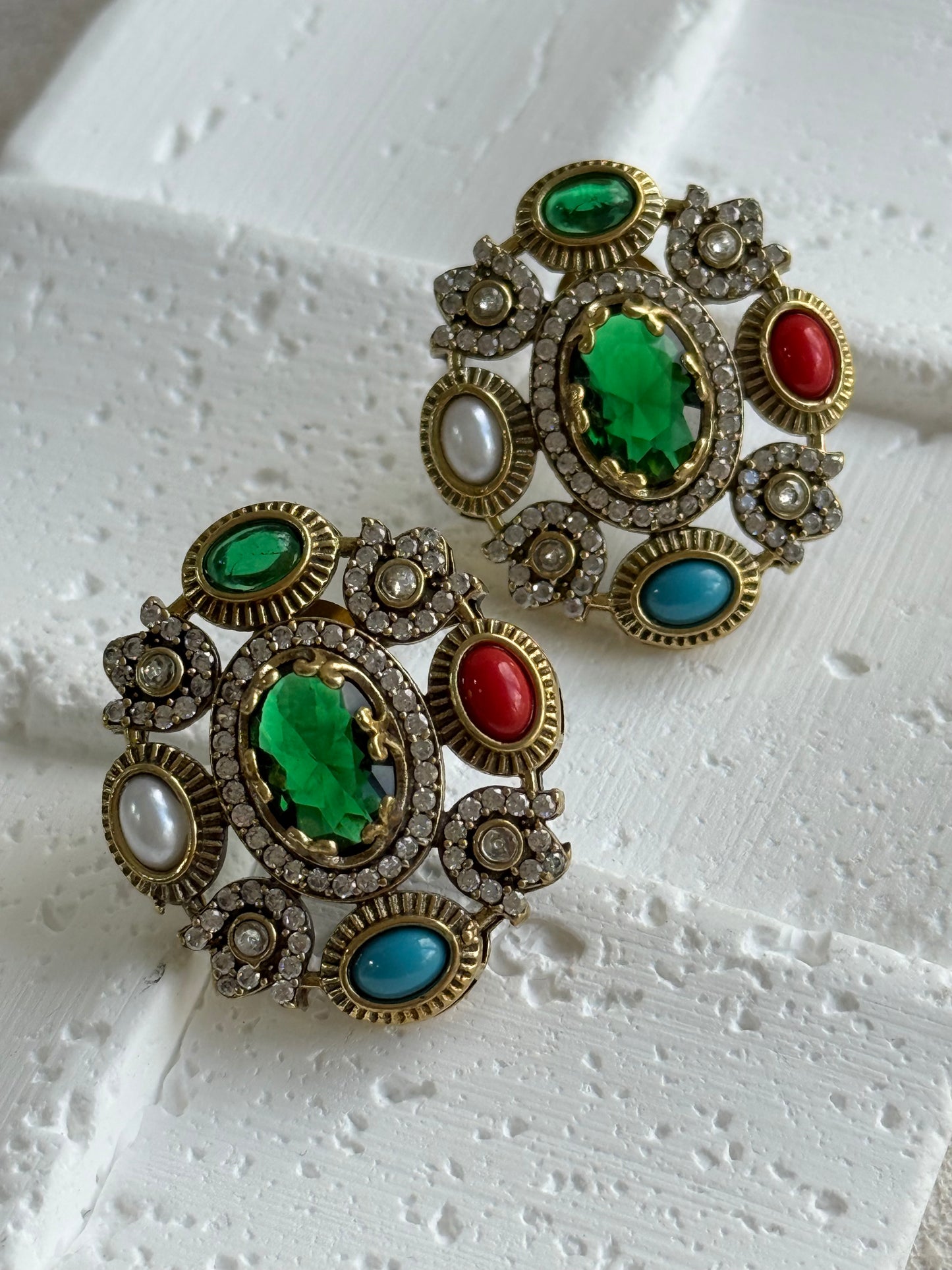 Ayura Designs Celia Stud Earrings – Emerald Green & Multicolour Stones with Gold Finish