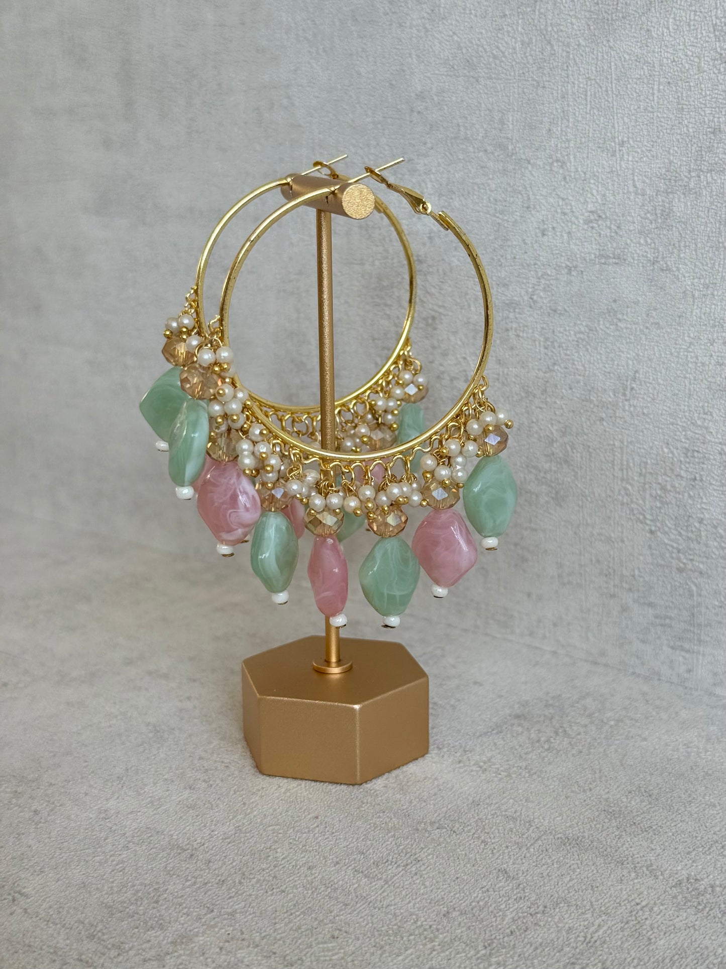 Ayura Designs Heer Balis – Gold Hoops with Mint & Blush Marble Beads, Pearls & Crystal Detailing